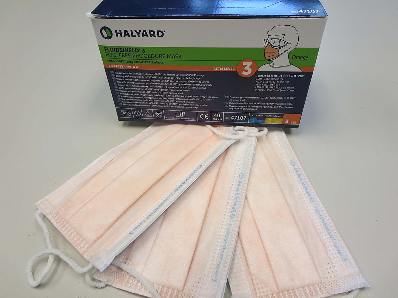 #47107 Halyard® Fluidshield® ASTM Level 3 Orange Fog-Free Procedure Masks w/ So-Soft Inner Lining
